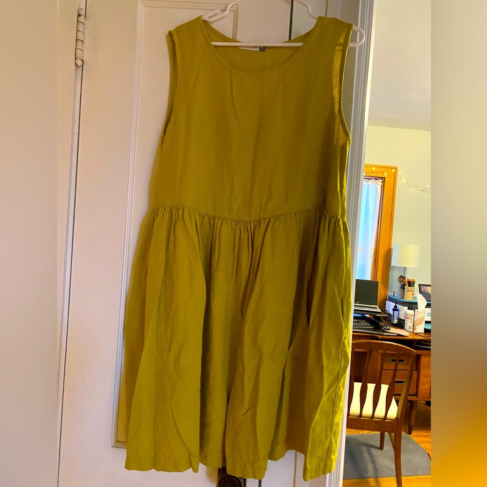Mustard Green Linen Dress-Not Perfect Linen